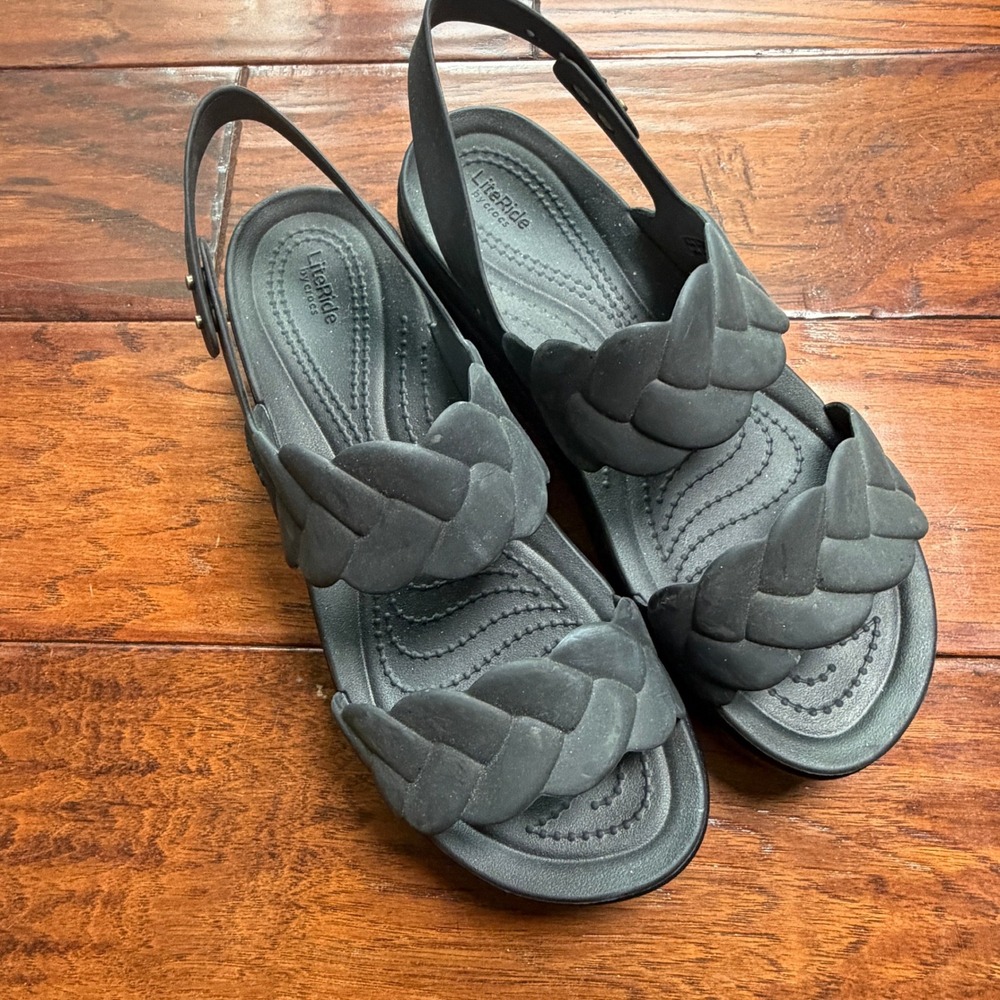Crocs LiteRide 360 Braided Wedge PLatform Sandals Womens 8 Black Casual Comfort
